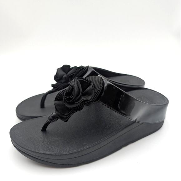 FitFlop Florrie Toe-Thong Wedge Sandal Women's Slip-On Black Size US7 EU38 - Picture 1 of 11